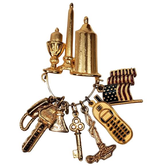 Vtg 3 Candle Dangle Charms Pin Phone American Flag Key Chain 3" Patriotic Retro - Picture 1 of 3